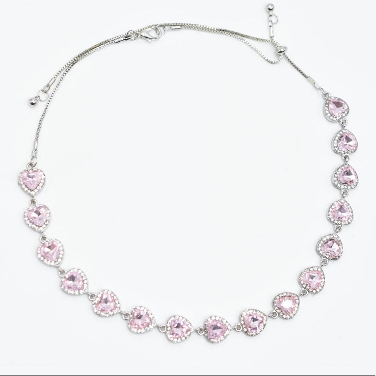 Rhodium Plated Pink Crystal Heart Halo Link Choker Slider Necklace 247$